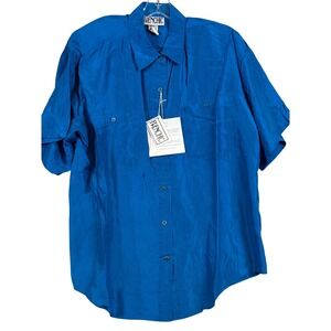 NWT Vintage Women Blue Silk Short Sleeve Button Up Shirt Frenchic Large Classic